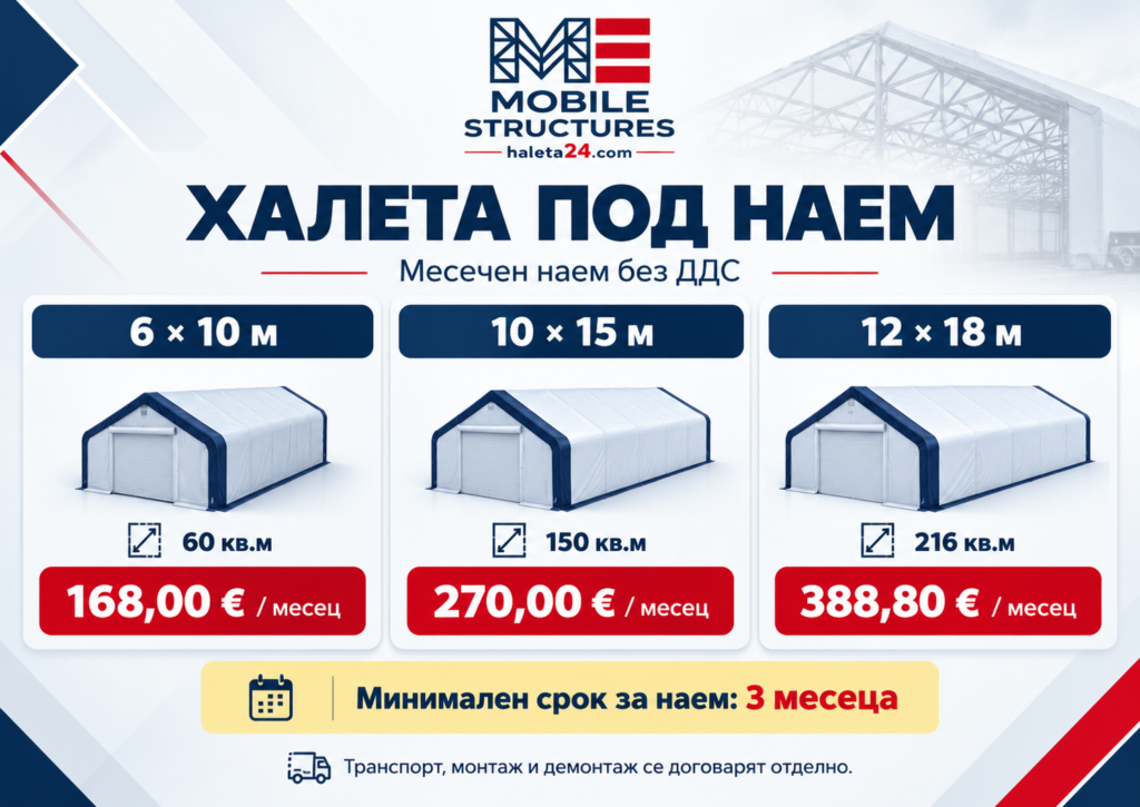 Цени и размери на халета под наем от Haleta24 – месечен наем без ДДС